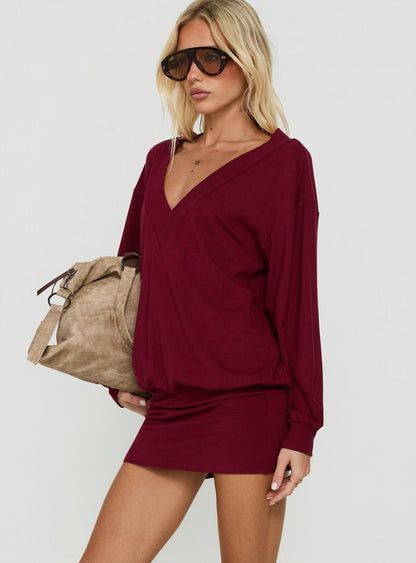 Solena Blouson V Neck Knit Mini Dress Burgundy