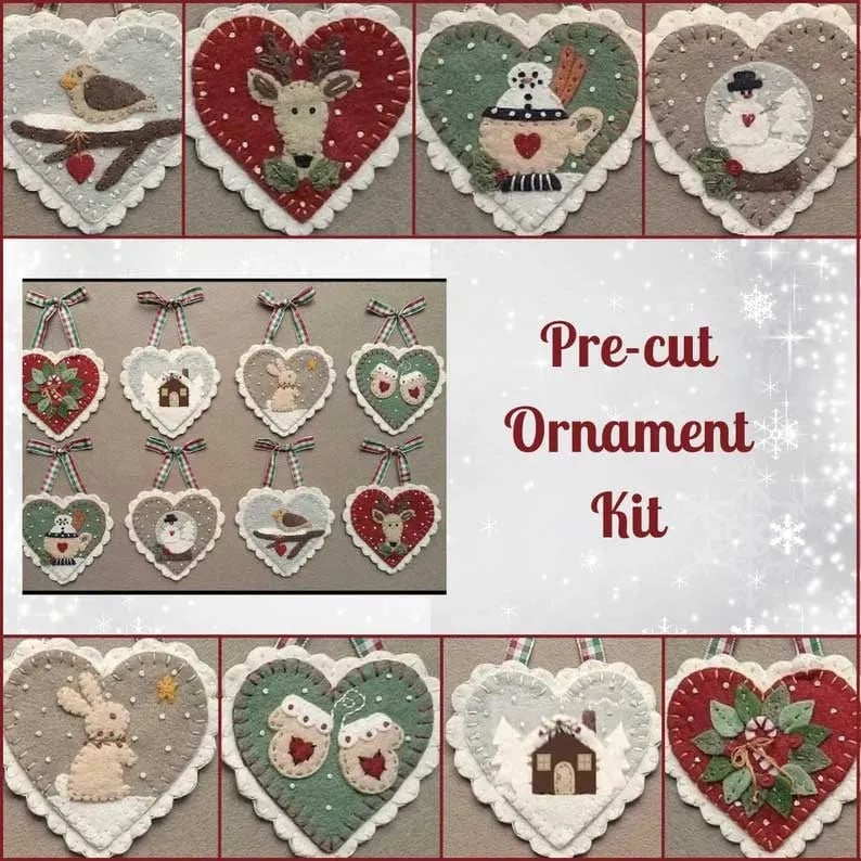 Pre-Cut Wool Blend Felt Holiday Hearts Ornament Kit